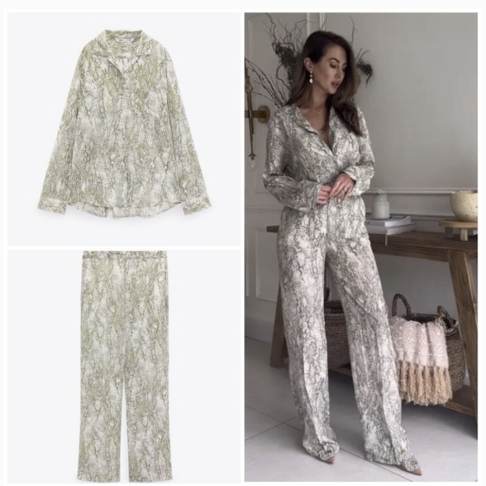 NWT Zara Outfit Animal Print Co Ord Pant Blouse Set